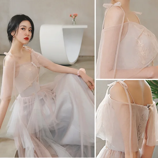 Modern / Fashion Blushing Pink Lace Flower Bridesmaid Dresses 2021 A-Line / Princess Scoop Neck Short Sleeve Backless Floor-Length / Long Bridesmaid Wedding Party Dresses