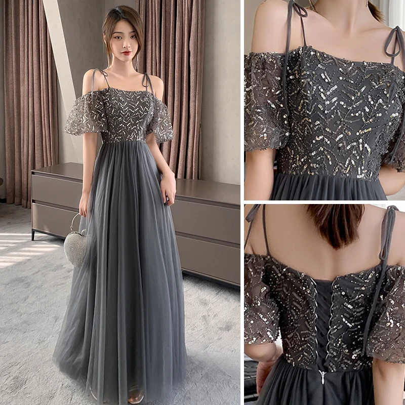 Chic Beautiful Black Grey Bridesmaid Dresses 2021 A-Line Princess Scoop Neck Beading