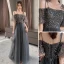 Chic / Beautiful Black Grey Bridesmaid Dresses 2021 A-Line / Princess Scoop Neck Beading Sequins Short Sleeve Backless Floor-Length / Long Bridesmaid Wedding Party Dresses