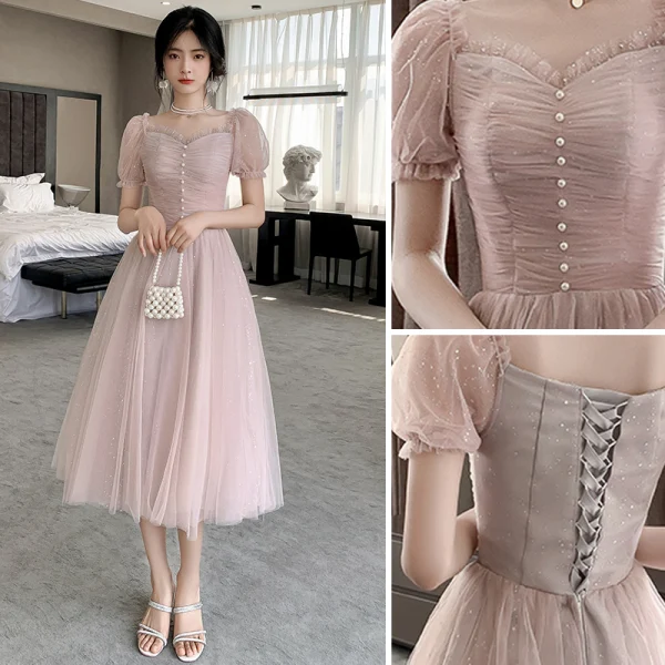 Chic / Beautiful Blushing Pink Bridesmaid Dresses 2021 A-Line / Princess Square Neckline Pearl Sequins Short Sleeve Backless Tea-length Bridesmaid Wedding Party Dresses