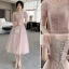 Chic / Beautiful Blushing Pink Bridesmaid Dresses 2021 A-Line / Princess Square Neckline Pearl Sequins Short Sleeve Backless Tea-length Bridesmaid Wedding Party Dresses