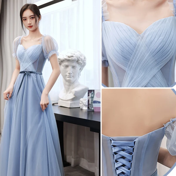 Modest / Simple Sky Blue Bow Sash Bridesmaid Dresses 2021 A-Line / Princess Short Sleeve Backless Floor-Length / Long Wedding Party Dresses