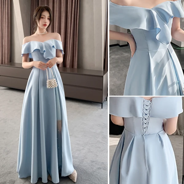 Modest / Simple Sky Blue Satin Bridesmaid Dresses 2021 A-Line / Princess Off-The-Shoulder Short Sleeve Backless Floor-Length / Long Bridesmaid Wedding Party Dresses