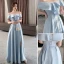 Modest / Simple Sky Blue Satin Bridesmaid Dresses 2021 A-Line / Princess Off-The-Shoulder Short Sleeve Backless Floor-Length / Long Bridesmaid Wedding Party Dresses