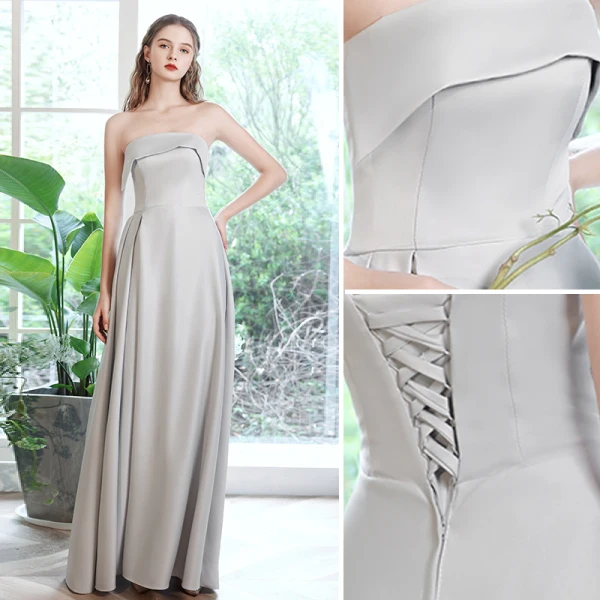 Modest / Simple Grey Satin Bridesmaid Dresses 2021 A-Line / Princess Short Sleeve Backless Floor-Length / Long Wedding Party Dresses