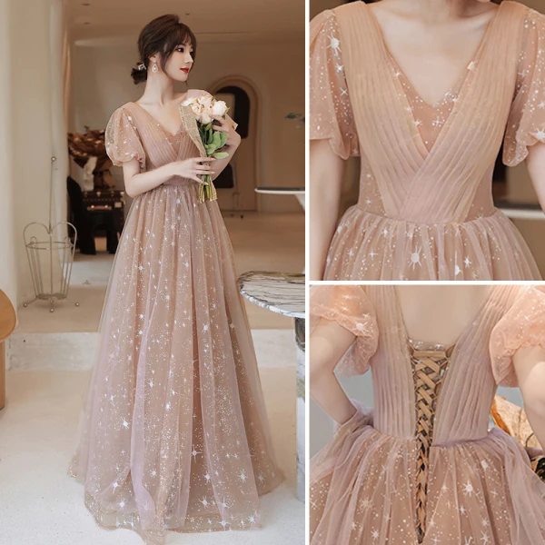 Fashion Champagne Bridesmaid Dresses 2021 A-Line / Princess Square Neckline Star Lace Sequins Bow Short Sleeve Backless Floor-Length / Long Bridesmaid Wedding Party Dresses