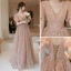 Fashion Champagne Bridesmaid Dresses 2021 A-Line / Princess Square Neckline Star Lace Sequins Bow Short Sleeve Backless Floor-Length / Long Bridesmaid Wedding Party Dresses