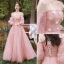 Chic / Beautiful Blushing Pink Lace Butterfly Bridesmaid Dresses 2021 A-Line / Princess Short Sleeve Backless Floor-Length / Long Bridesmaid Wedding Party Dresses