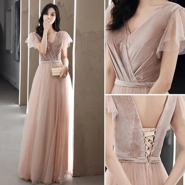 Simple Rougissant Rose Daim Robe Demoiselle D'honneur 2021 Princesse V-Cou Manches Courtes Dos Nu Longue Robe Pour Mariage