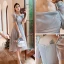 Modest / Simple Grey Bridesmaid Dresses 2021 A-Line / Princess Short Sleeve Bow Backless Tea-length Bridesmaid Wedding Party Dresses