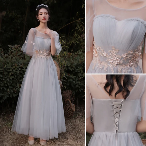 Chic / Beautiful Grey Bridesmaid Dresses 2021 A-Line / Princess Scoop Neck Lace Flower 1/2 Sleeves Backless Floor-Length / Long Bridesmaid Wedding