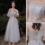Chic / Beautiful Grey Bridesmaid Dresses 2021 A-Line / Princess Scoop Neck Lace Flower 1/2 Sleeves Backless Floor-Length / Long Bridesmaid Wedding Party Dresses
