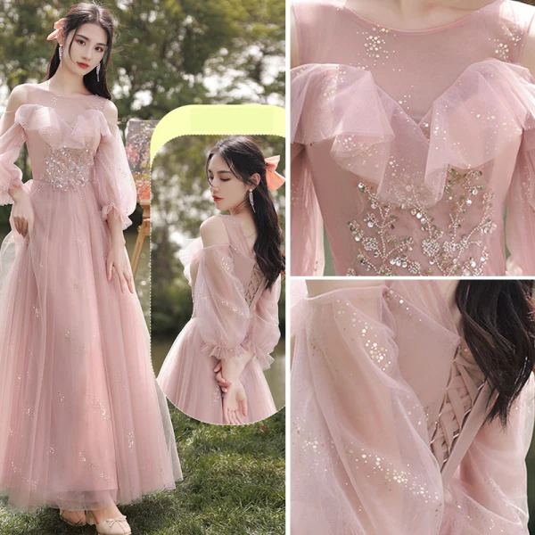 Chic / Beautiful Blushing Pink Bridesmaid Dresses 2021 A-Line / Princess Scoop Neck Beading Rhinestone Sequins Short Sleeve Backless Floor-Length / Long Bridesmaid Wedding Party Dresses