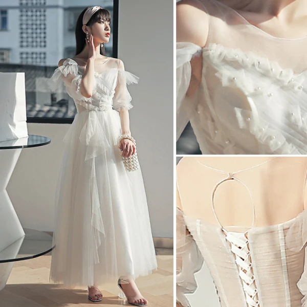 Chic / Beautiful White Bridesmaid Dresses 2021 A-Line / Princess Square Neckline Pearl Short Sleeve Tea-length Bridesmaid Wedding Party Dresses