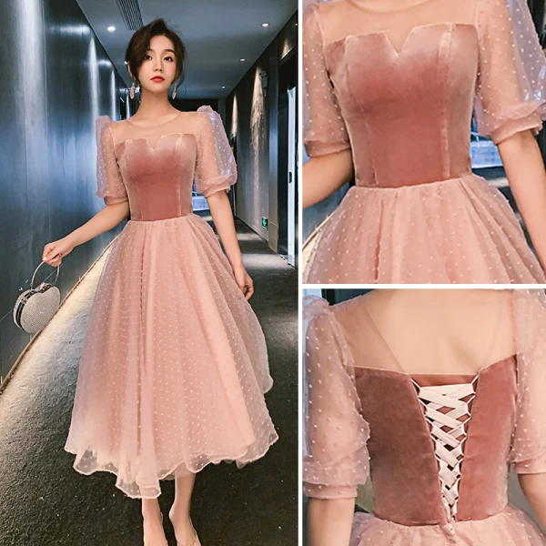Chic / Belle Rougissant Rose Daim Robe Demoiselle D'honneur 2021 Princesse Encolure Carrée Manches Courtes Dos Nu Thé Longueur Robe Pour Mariage