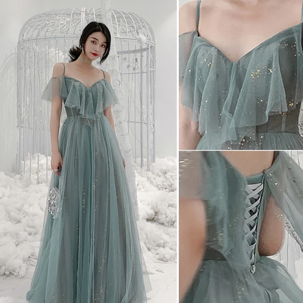 Chic / Beautiful Green Sequins Bridesmaid Dresses 2021 A-Line / Princess Spaghetti Straps Short Sleeve Backless Floor-Length / Long Bridesmaid Wedding Party Dresses