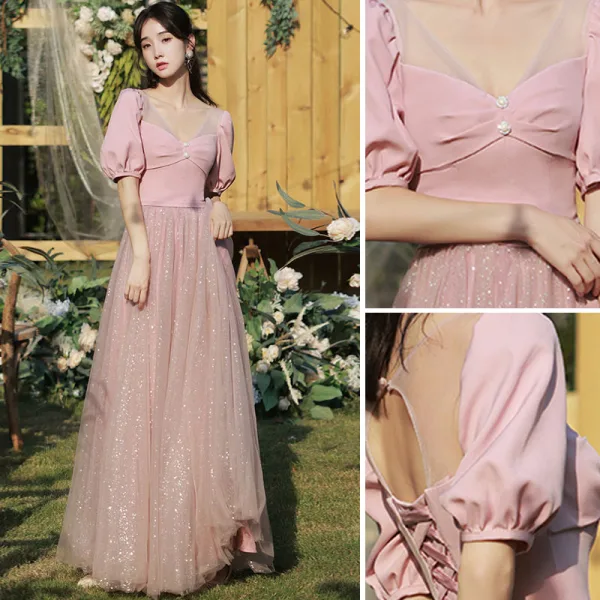 Chic / Belle Rose Bonbon Perle Robe Demoiselle D'honneur 2021 Princesse Manches Courtes Dos Nu Paillettes Longue Robe Pour Mariage
