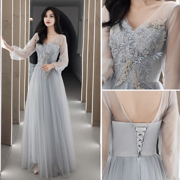 Modest / Simple Grey Bridesmaid Dresses 2021 A-Line / Princess Scoop Neck Beading Pearl Lace Flower Short Sleeve Backless Floor-Length / Long Wedding Party Dresses