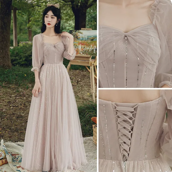 Modest / Simple Dusky Pink Sequins Bridesmaid Dresses 2021 A-Line / Princess Short Sleeve Backless Floor-Length / Long Wedding Party Dresses