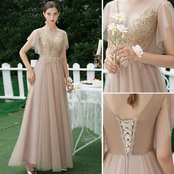 Charming Khaki Beading Sequins Backless Lace Flower Bridesmaid Dresses 2021 A-Line / Princess Short Sleeve Floor-Length / Long Bridesmaid Wedding Party Dresses