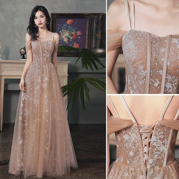 Chic / Beautiful Champagne Glitter Bridesmaid Dresses 2021 A-Line / Princess Short Sleeve Lace Flower Backless Floor-Length / Long Bridesmaid Wedding Party Dresses