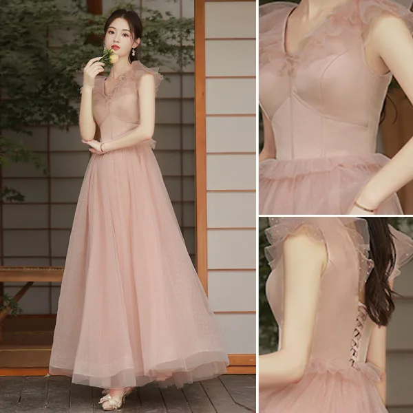 Modest / Simple Dusky Pink Bridesmaid Dresses 2021 A-Line / Princess Short Sleeve Floor-Length / Long Wedding Party Dresses