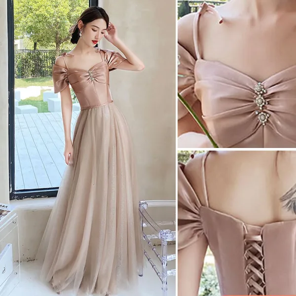 Chic / Beautiful Blushing Pink Bridesmaid Dresses 2021 A-Line / Princess Bow Sash Rhinestone Short Sleeve Backless Floor-Length / Long Wedding Party Dresses