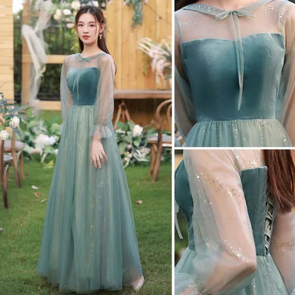 Modest / Simple Jade Green Suede Bridesmaid Dresses 2022 A-Line / Princess Short Sleeve Backless Sequins Floor-Length / Long Wedding Party Dresses