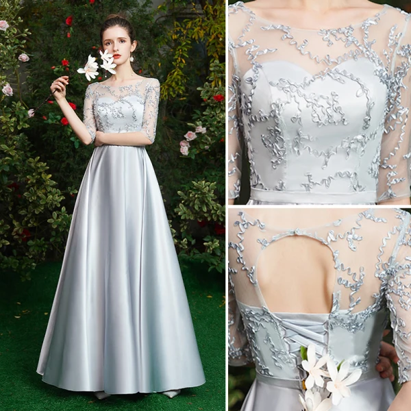 Simple Gris Robe Demoiselle D'honneur 2021 Princesse Encolure Dégagée 1/2 Manches Dos Nu Longue Robe Pour Mariage