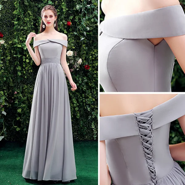 Simple Gris Robe Demoiselle D'honneur 2021 Princesse De l'épaule Manches Courtes Dos Nu Longue Robe Pour Mariage