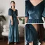 Modest / Simple Ink Blue Suede Bridesmaid Dresses 2022 A-Line / Princess V-Neck Short Sleeve Backless Floor-Length / Long Wedding Party Dresses