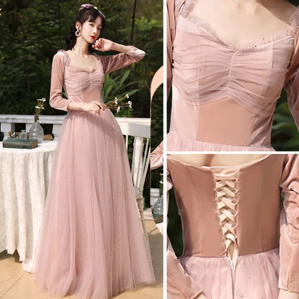 Chic / Beautiful Dusky Pink Suede Bridesmaid Dresses 2022 A-Line / Princess Pearl Sequins Long Sleeve Backless Floor-Length / Long Wedding Party Dresses