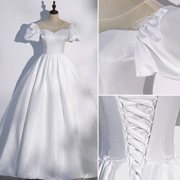 Elegant Black Satin Prom Dresses 2022 Ball Gown Scoop Neck Puffy Short Sleeve Beading Bow Backless Floor-Length / Long Formal Dresses