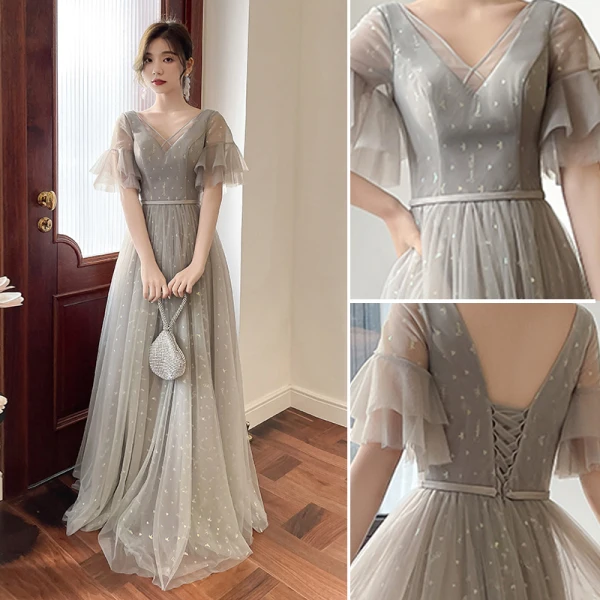 Modest / Simple Grey Bridesmaid Dresses 2022 A-Line / Princess Scoop Neck Short Sleeve Backless Floor-Length / Long Bridesmaid Dresses