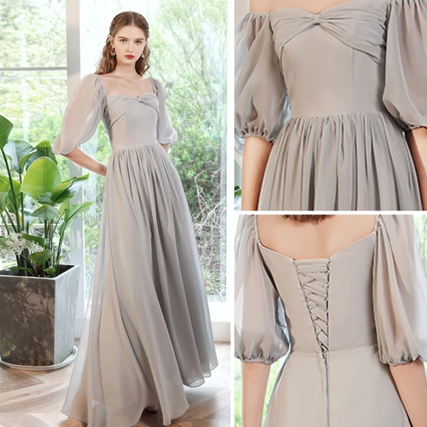 Modest / Simple Grey Bridesmaid Dresses 2022 A-Line / Princess Short Sleeve Backless Floor-Length / Long Bridesmaid Dresses