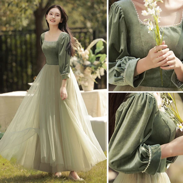 Modest / Simple Olive Green Velour Bridesmaid Dresses 2022 Bridesmaid A-Line / Princess Square Neckline 3/4 Sleeve Backless Floor-Length / Long Wedding Party Dresses