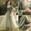 Modest / Simple Olive Green Velour Bridesmaid Dresses 2022 Bridesmaid A-Line / Princess Square Neckline 3/4 Sleeve Backless Floor-Length / Long Wedding Party Dresses