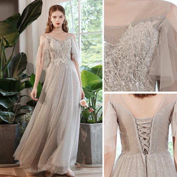 Chic / Beautiful Grey Beading Lace Flower Bridesmaid Dresses 2022 A-Line / Princess Rhinestone Sequins Short Sleeve Backless Floor-Length / Long Wedding Bridesmaid Dresses