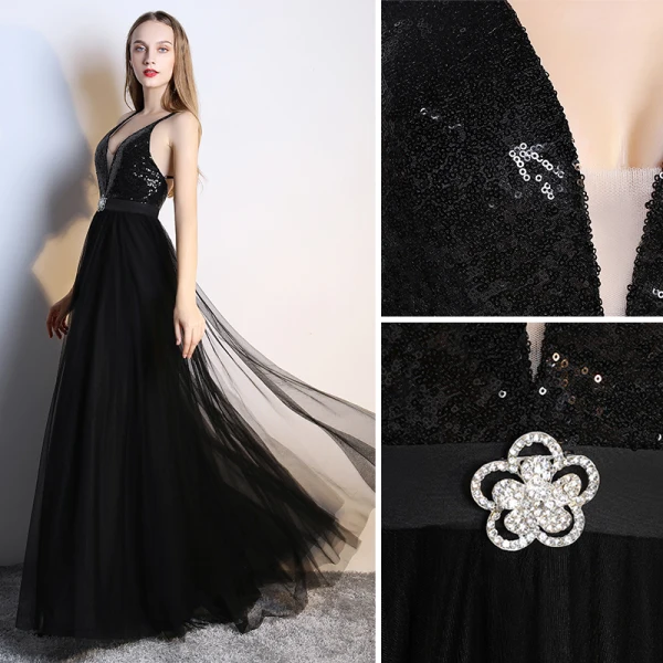 Sexy Black Evening Dresses 2019 A-Line / Princess Rhinestone Sequins V-Neck Sleeveless Plunging Cross-Back Backless Floor-Length / Long Formal Dresses