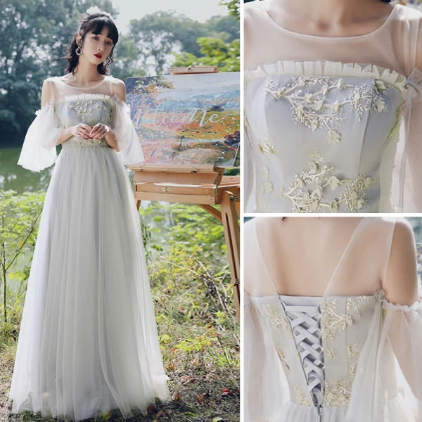 Élégant Gris Robe Demoiselle D'honneur 2021 Princesse Manches Courtes Dos Nu Appliques En Dentelle Fleur Longue Demoiselle D'honneur Robe Pour Mariage