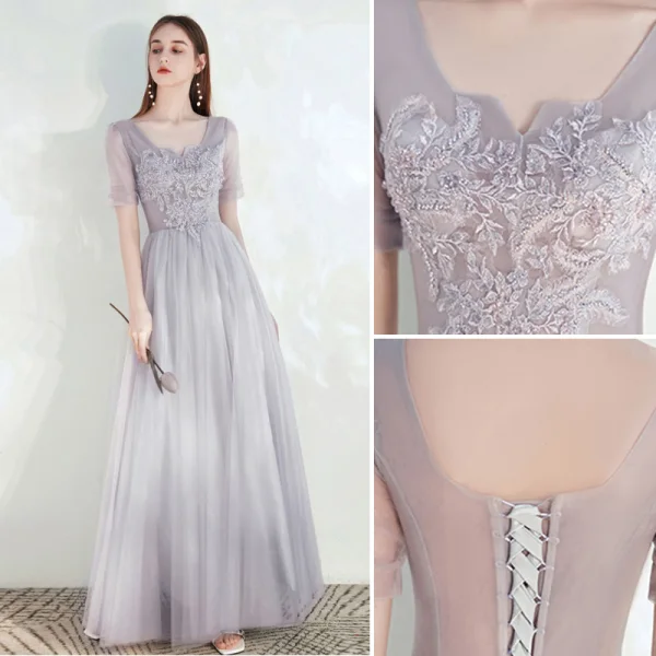 Abordable Gris Robe Demoiselle D'honneur 2018 Princesse En Dentelle Noeud Dos Nu Longueur Cheville Robe Pour Mariage