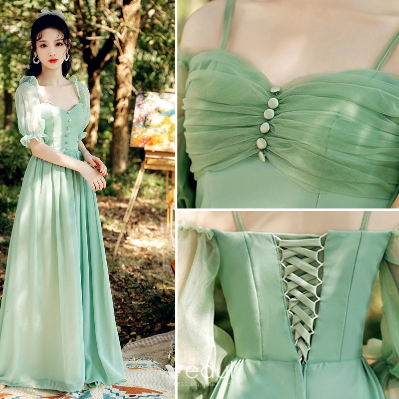 Modest / Simple Mint Green Lace Flower Bridesmaid Dresses 2021 A-Line /  Princess Scoop Neck 1/2 Sleeves Backless Floor-Length / Long Wedding Party  Dresses