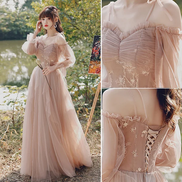 Modest / Simple Blushing Pink Wedding Party Dresses 2021 A-Line / Princess V-Neck Short Sleeve Backless Floor-Length / Long Bridesmaid Dresses