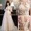 Modest / Simple Champagne Bridesmaid Dresses 2021 A-Line / Princess Scoop Neck Butterfly Lace Flower Short Sleeve Backless Floor-Length / Long Wedding Party Dresses