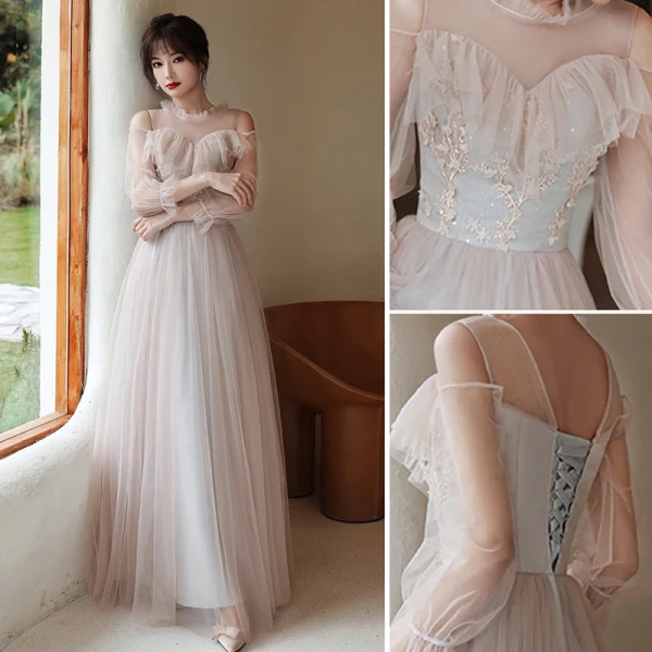 Fashion Blushing Pink Bridesmaid Dresses 2021 A-Line / Princess Scoop Neck Lace Flower Appliques 3/4 Sleeve Backless Floor-Length / Long Wedding Party Dresses