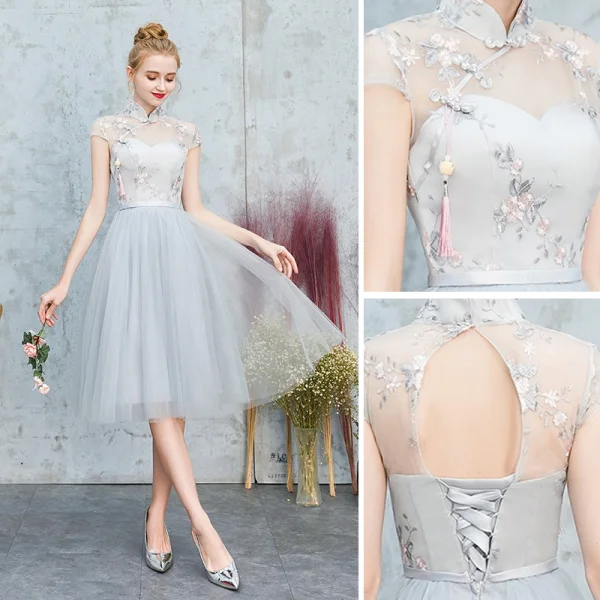 Chinese style Grey Embroidered Bridesmaid Dresses 2021 A-Line / Princess High Neck Short Sleeve Backless Tea-length Bridesmaid Wedding Party Dresses