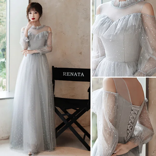 Modern / Fashion Grey Bridesmaid Dresses 2021 A-Line / Princess Scoop Neck Sequins 3/4 Sleeve Backless Floor-Length / Long Wedding Party Dresses