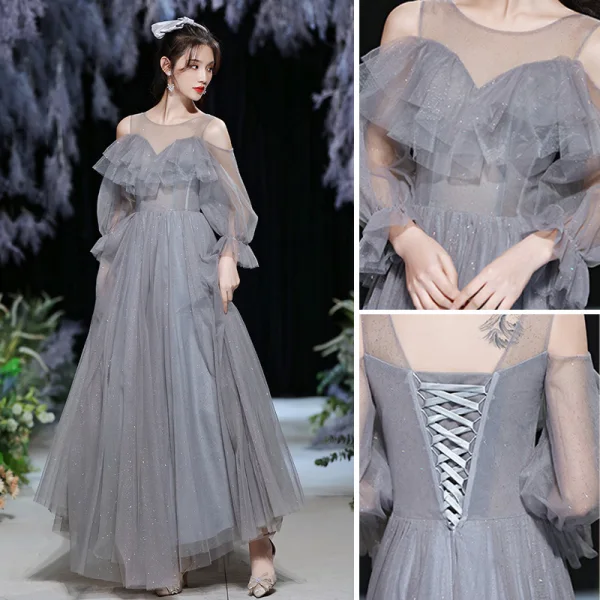 Modest / Simple Grey Bridesmaid Dresses 2021 A-Line / Princess Glitter Spaghetti Straps Short Sleeve Backless Floor-Length / Long Bridesmaid Wedding Party Dresses