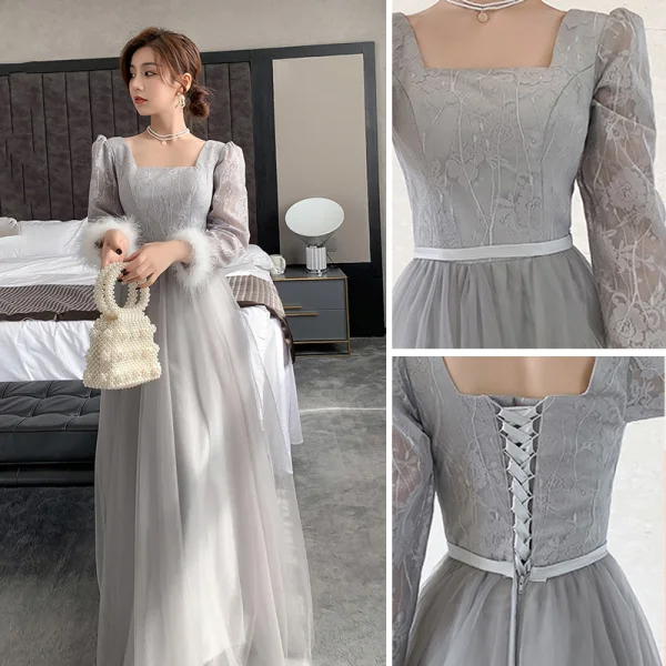 Simple Gris Robe Demoiselle D'honneur Bretelles croisées 2021 Princesse Encolure Carrée En Dentelle Fleur Ceinture 3/4 Manches Dos Nu Longue Demoiselle D'honneur Robe Pour Mariage