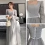 Simple Gris Robe Demoiselle D'honneur Bretelles croisées 2021 Princesse Encolure Carrée En Dentelle Fleur Ceinture 3/4 Manches Dos Nu Longue Demoiselle D'honneur Robe Pour Mariage